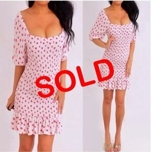 JESSICA SIMPSON Red Pink Green Strawberries Smocked Short Mini Dress L Large